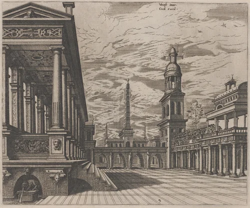 Town Square with a Colonnade at Left by Lucas van Doetechum
Johannes van Doetechum the Elder
Hans Vredeman de Vries
Hieronymus Cock, portfolio, 1560