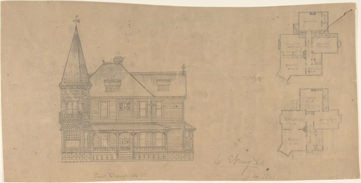 Design for a House, Front Elevation and Plans by W. Strong, drawing, 1878-1888