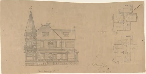 Design for a House, Front Elevation and Plans by W. Strong, drawing, 1878-1888