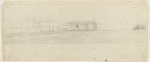 Woodland Crematorium, Woodland Cemetery, Stockholm, Sweden, Second version: exterior perspective by Erik Gunnar Asplund, architecture