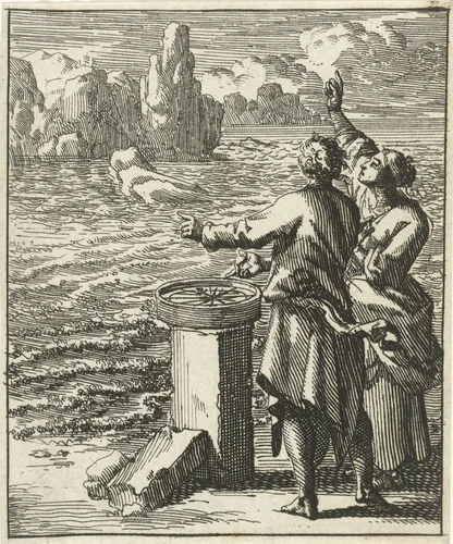 Man en vrouw bekijken aan de kust een kompas by Jan Luyken, print, 1689