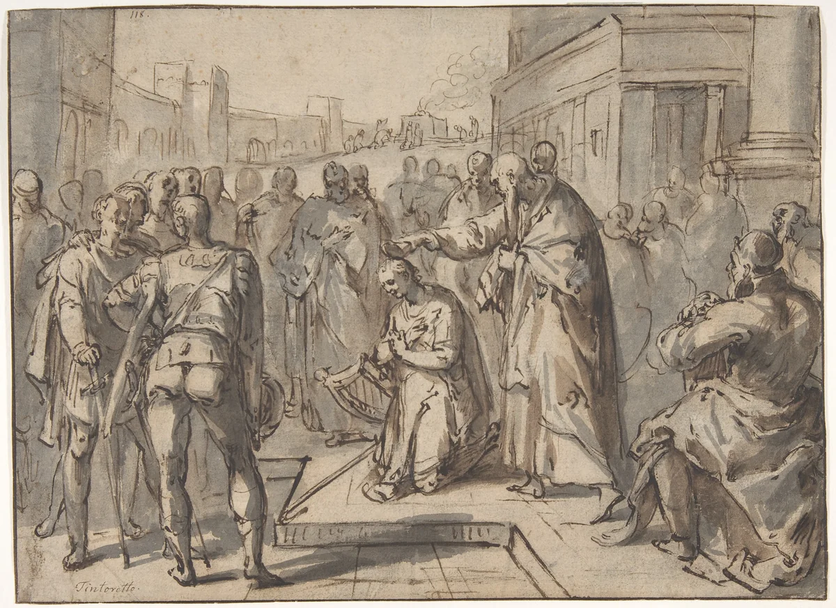 Samuel Annointing David (recto); Sketch of two figures (verso) by Karel van Mander, drawing, 1585-1595