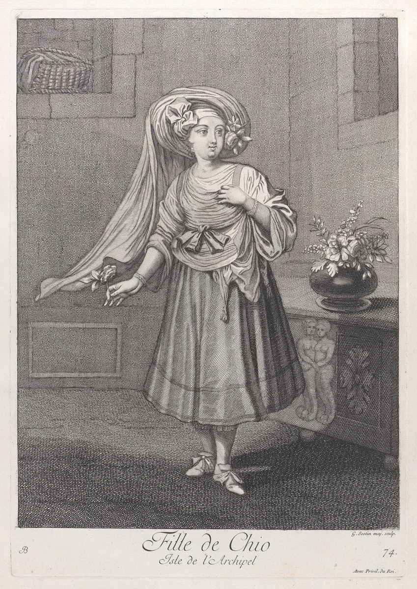 Fille de Chio, Isle de l'Archipel, plate 74 from "Recueil de cent estampes représentent differentes nations du Levant" by Jean Baptiste Vanmour, print, 1714-1715