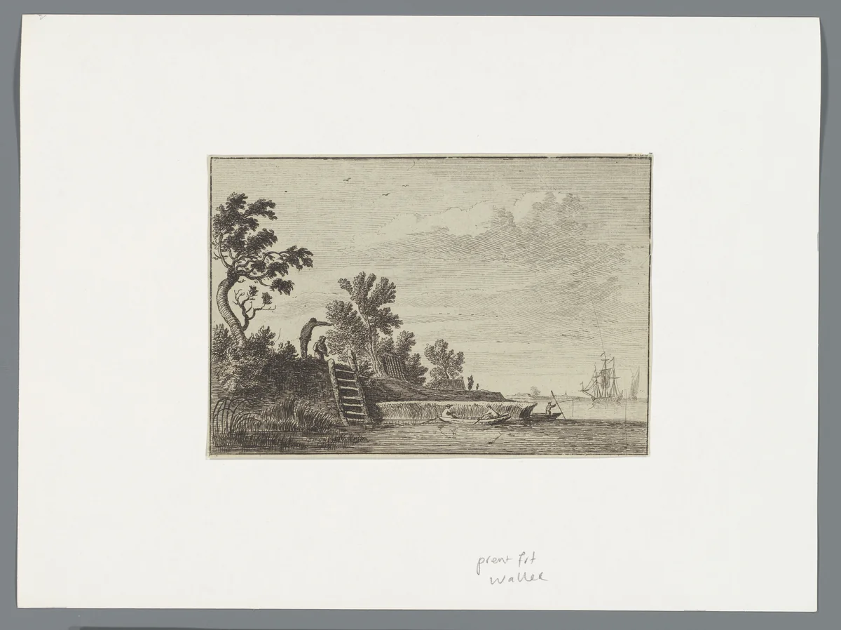 Landschap met oever by anonymous, print, 1600-1800
