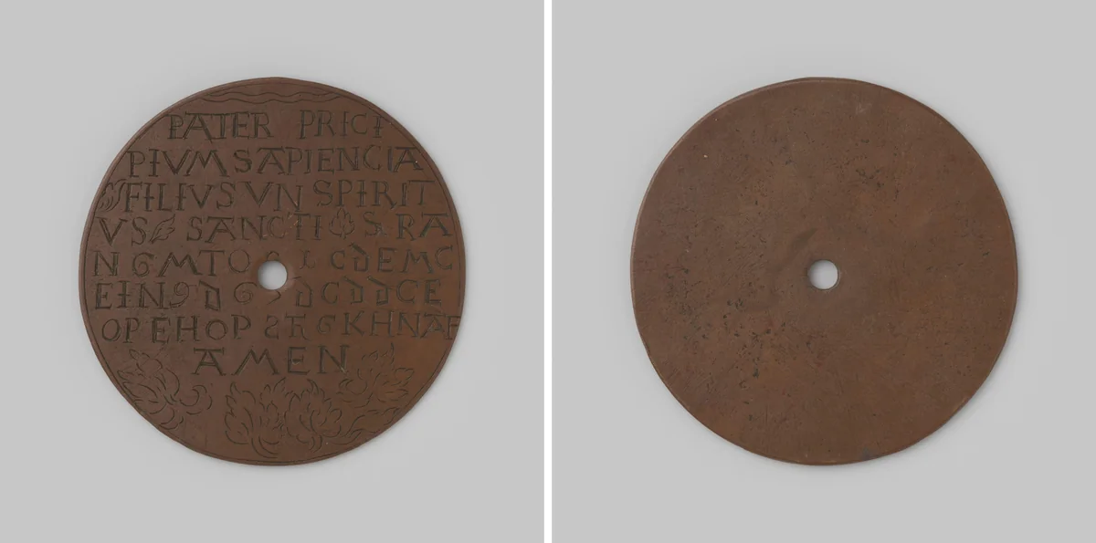 Plaatje met opschrift, uit een bom van de troepen van de Bisschop van Munster, binnen Groningen geworpen by anonymous, metalwork, 1672