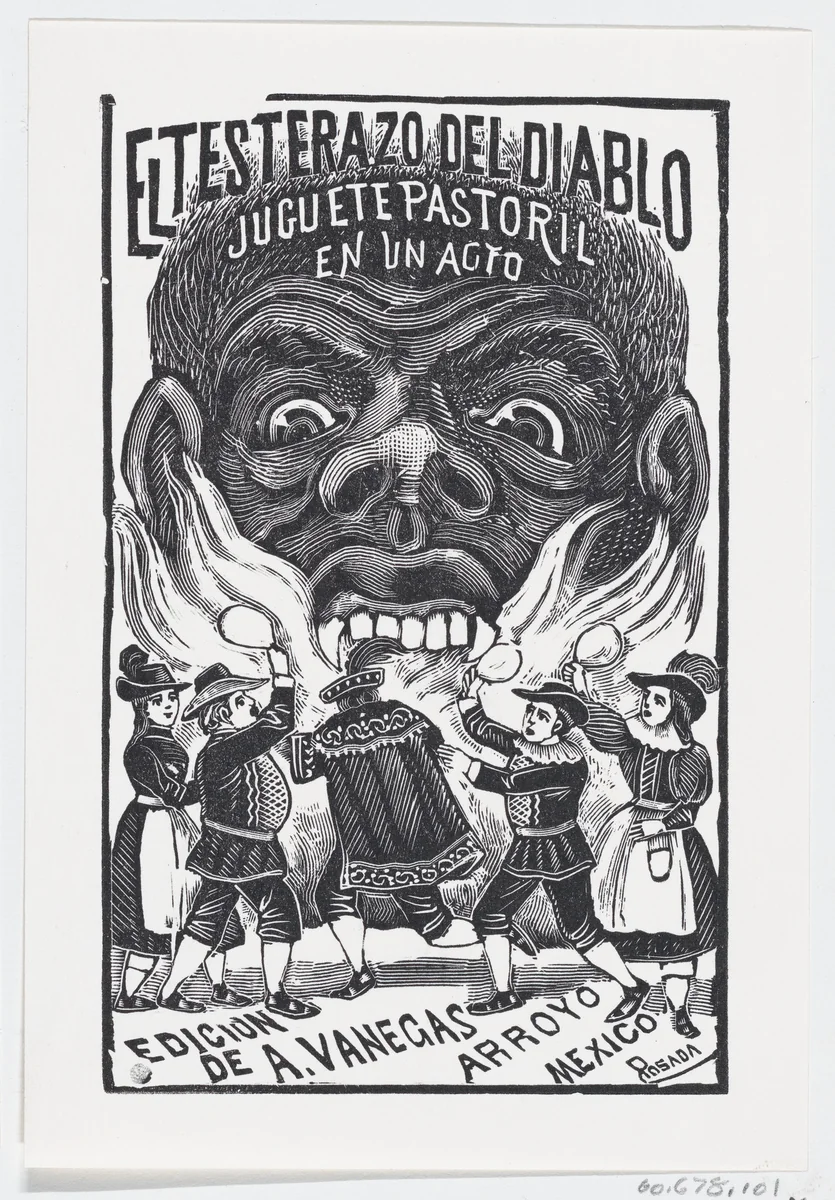 A demon breathing fire and people running around in the foreground, illustration for 'El Testerazo del Diablo,' published by Antonio Vanegas Arroyo by José Guadalupe Posada, print, 1880-1913