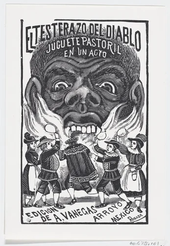 A demon breathing fire and people running around in the foreground, illustration for 'El Testerazo del Diablo,' published by Antonio Vanegas Arroyo by José Guadalupe Posada, print, 1880-1913