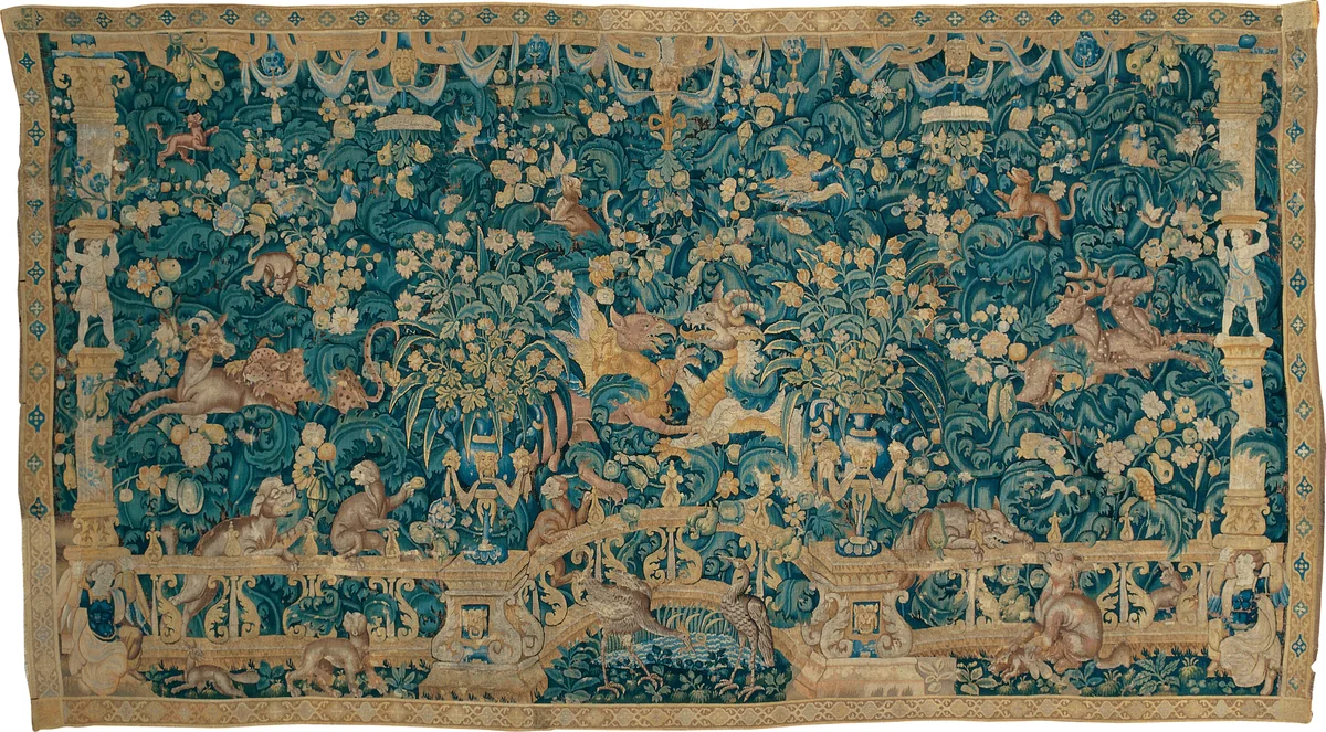 Large Leaf Verdure with Proscenium, Animals, and Birds by Southern Netherlands, textile, 1525-1550