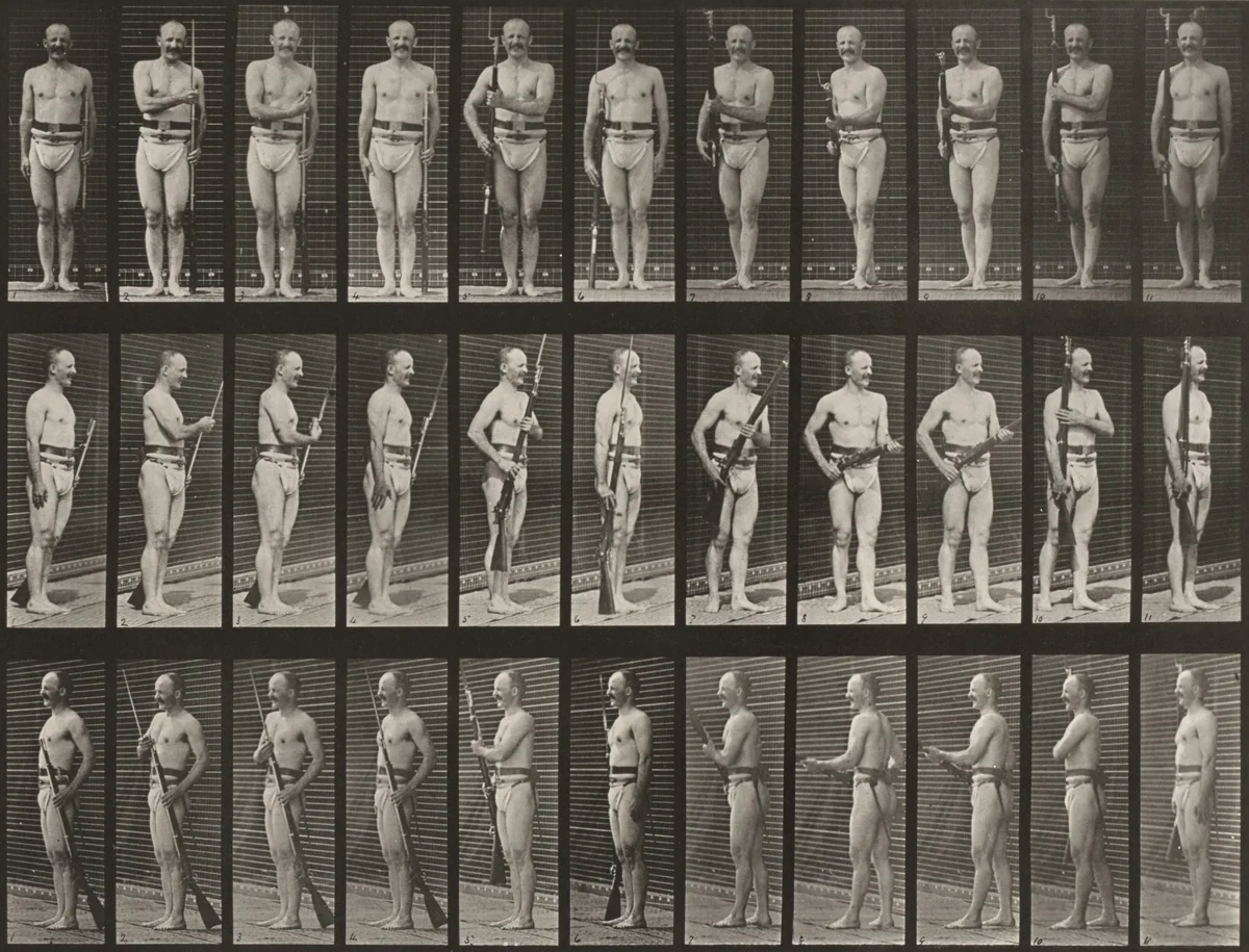 Plate Number 351. "Fix" and "unfix bayonets" by Eadweard Muybridge, photograph, 1887