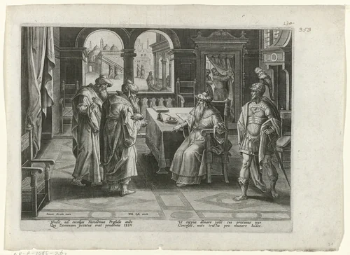 Josef van Arimatea verzoekt Pilatus om het lichaam van Christus by Unknown, print, 1585-1586