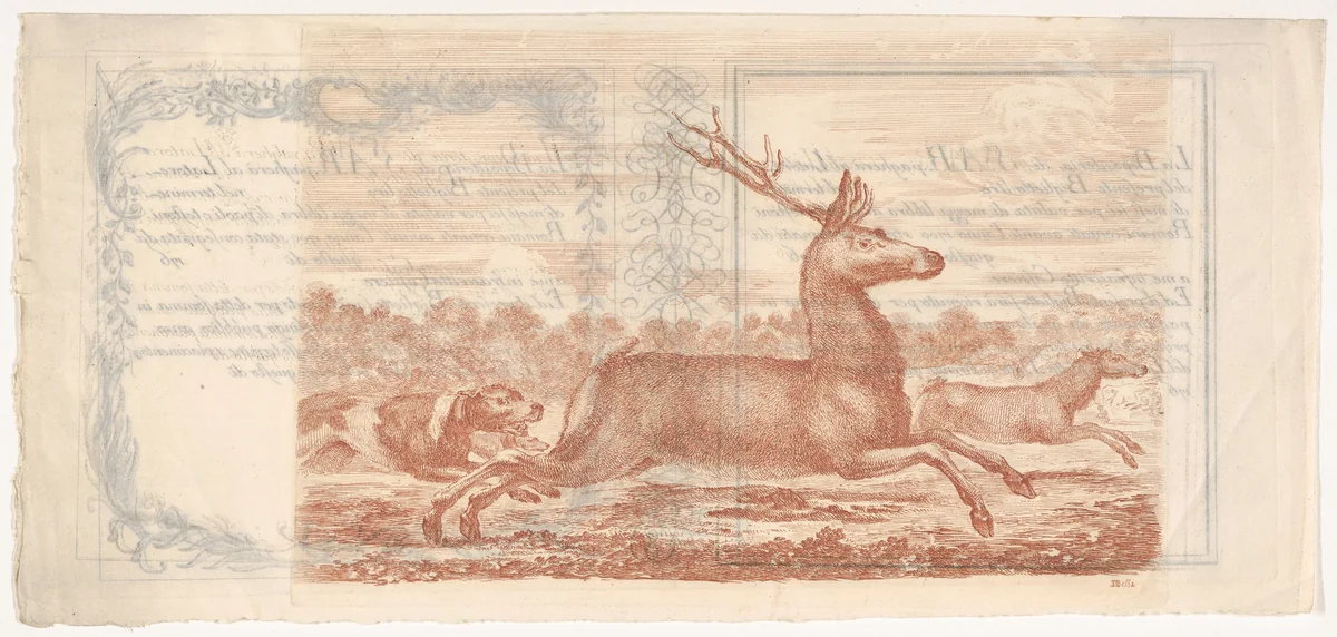 Stag and doe running towards the right, two dogs behind them to left, from "Hunts of various animals" (Chasses à différents animaux) by Stefano della Bella, print, 1651-1657