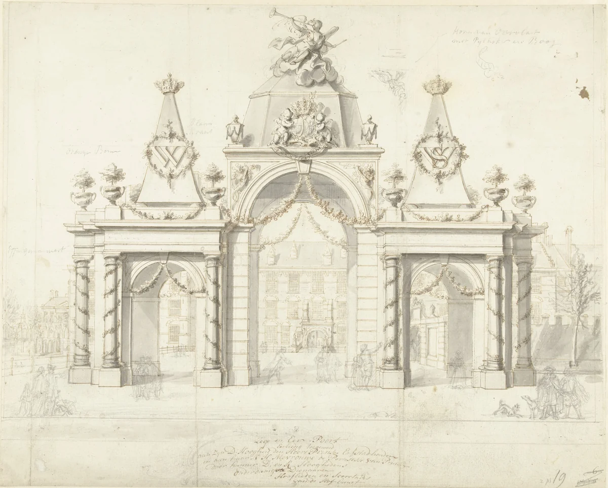 Erepoort op het Buitenhof voor de intrede van Willem V en Wilhelmina van Pruisen, 1767 by Dirk van der Aa, drawing, 1768