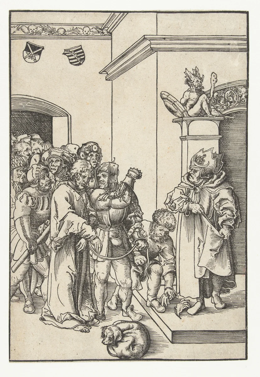 Christus voor Kajafas geleid by Lucas Cranach, print, 1509