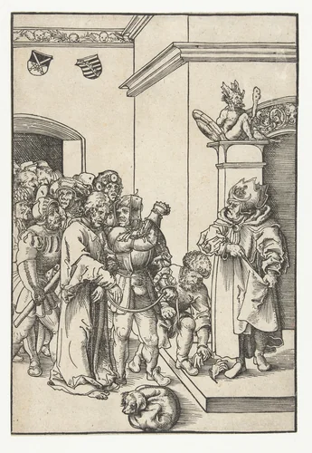 Christus voor Kajafas geleid by Lucas Cranach, print, 1509