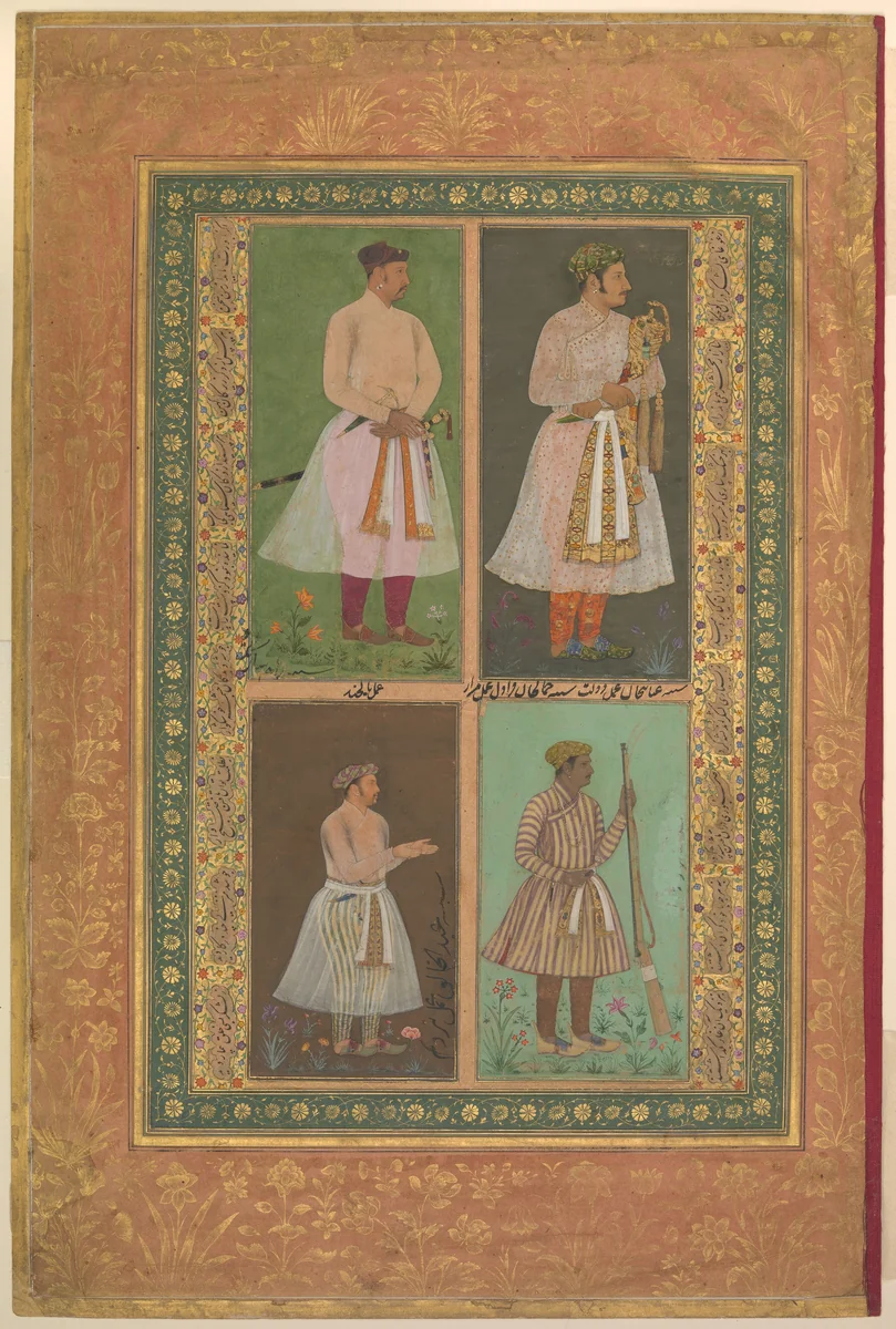 "Four Portraits: (upper left) A Raja (Perhaps Raja Sarang Rao), by Balchand; (upper right) 'Inayat Khan, by Daulat; (lower left) 'Abd al-Khaliq, probably by Balchand; (lower right) Jamal Khan Qaravul, by Murad", Folio from the Shah Jahan Album by Balachand, manuscript, 1525-1640