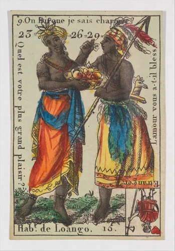 Hab.t de Loango, from the playing cards (for quartets) "Costumes des Peuples Étrangers" by anonymous, print, 1700-1799