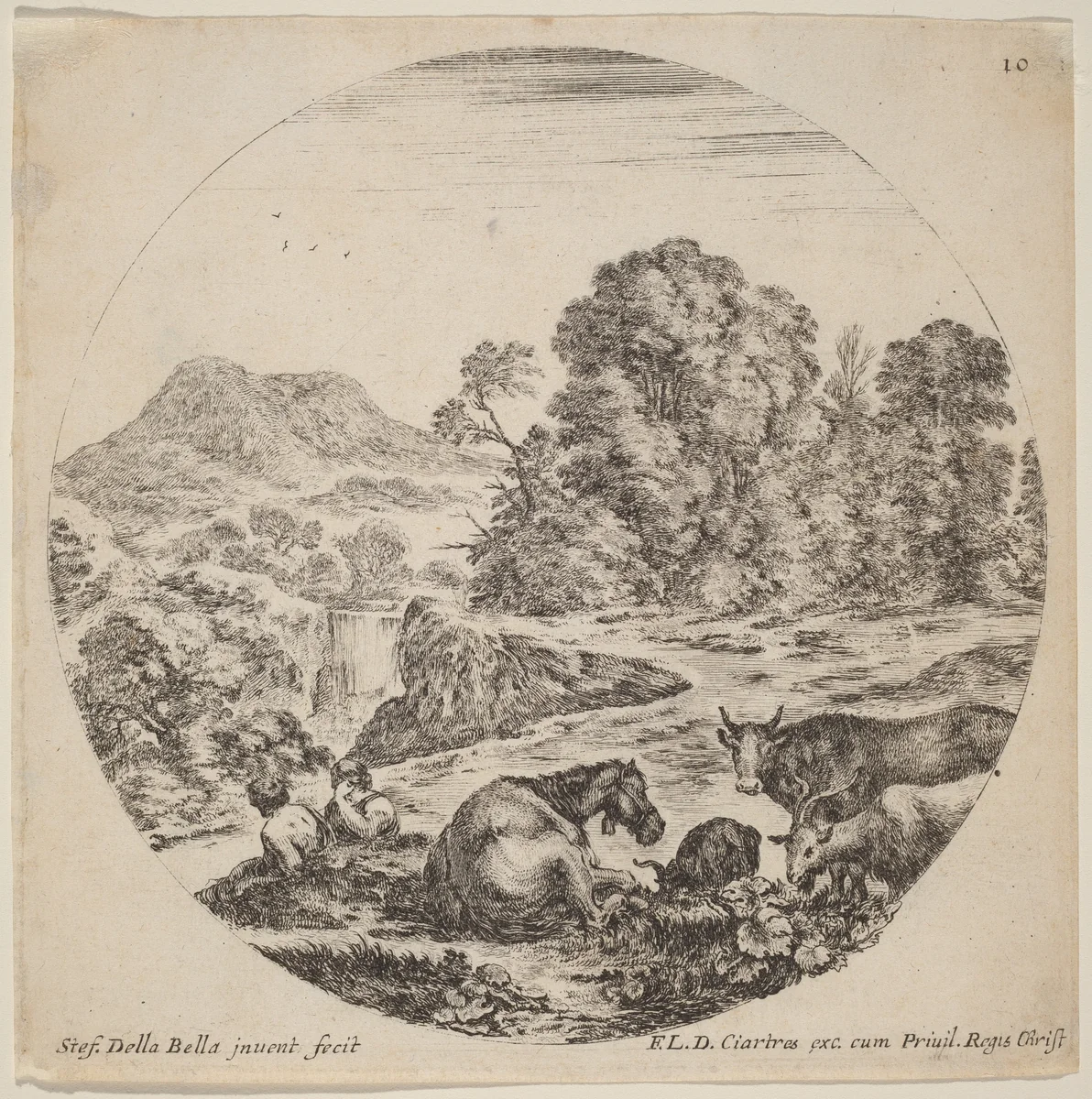 Landscape with Animals and Two Seated Shepherds by Stefano della Bella, print, 1646