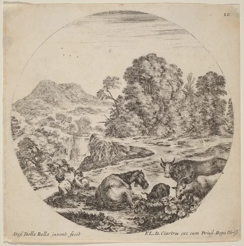 Landscape with Animals and Two Seated Shepherds by Stefano della Bella, print, 1646