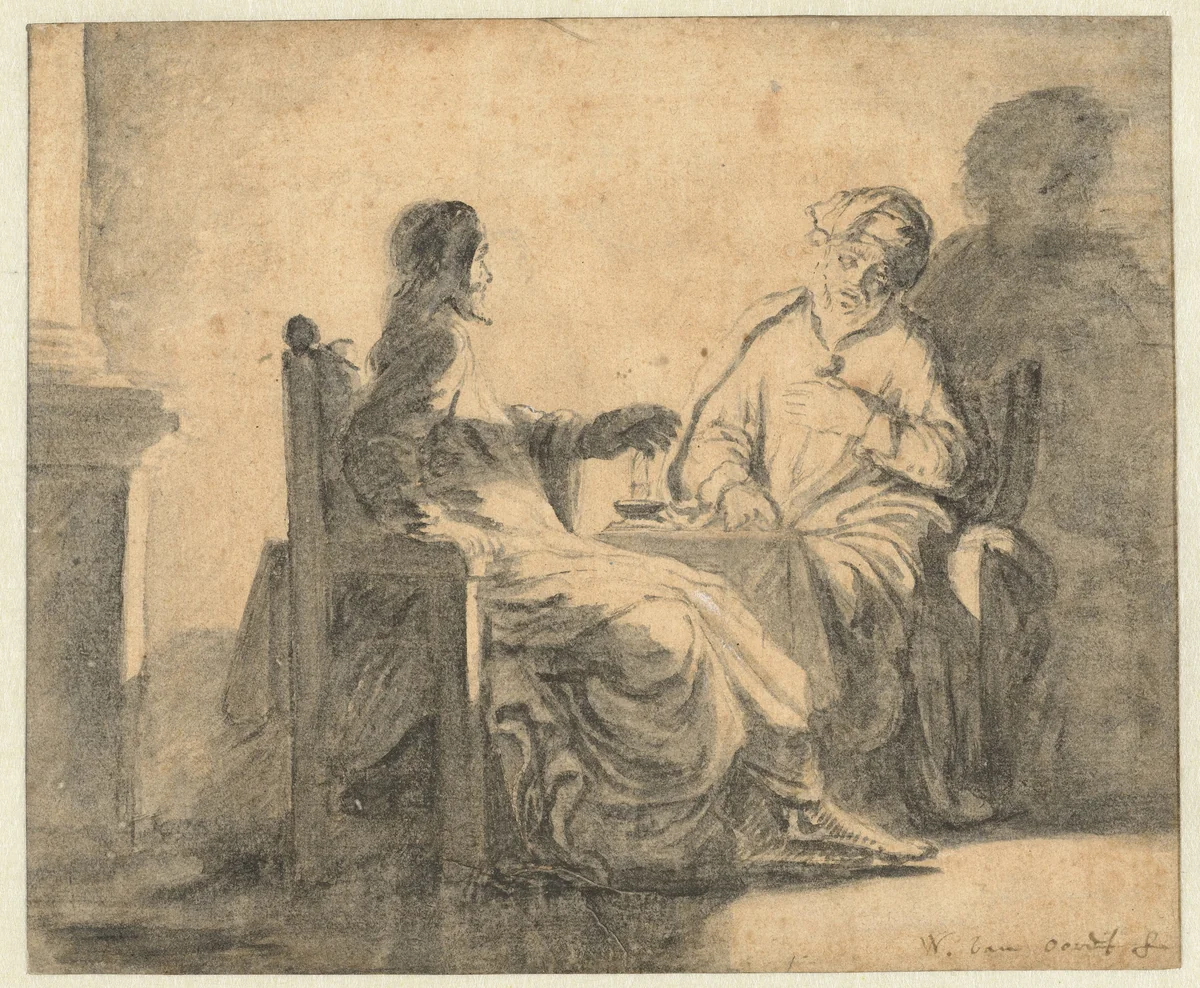 Christus en Nicodemus by Willem van Oordt, drawing, 1600-1699