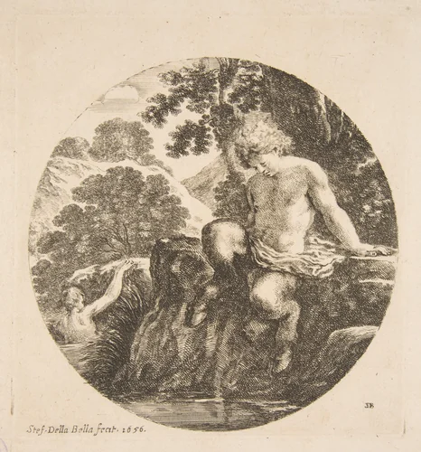 Young Satyr About to Bathe in a River, from "Landscapes and seaports" (Paysages et ports de mer, dans des ronds) by Stefano della Bella, print, 1656