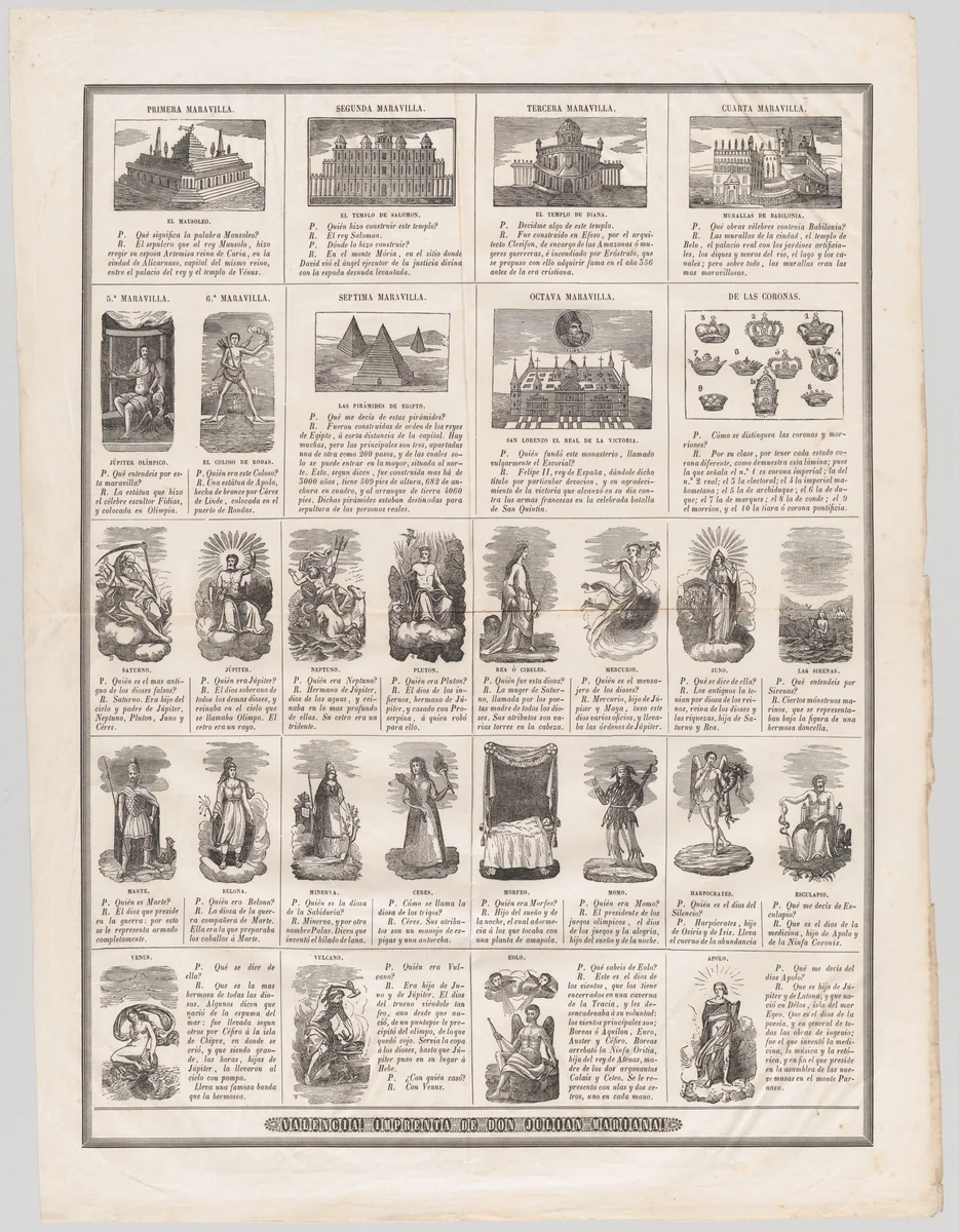 Eight wonders of the world and mythical Gods by Julian Mariana, print, 1855-1875