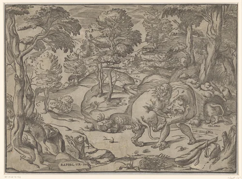 Hercules en de Nemeïsche leeuw by anonymous, print, 1493