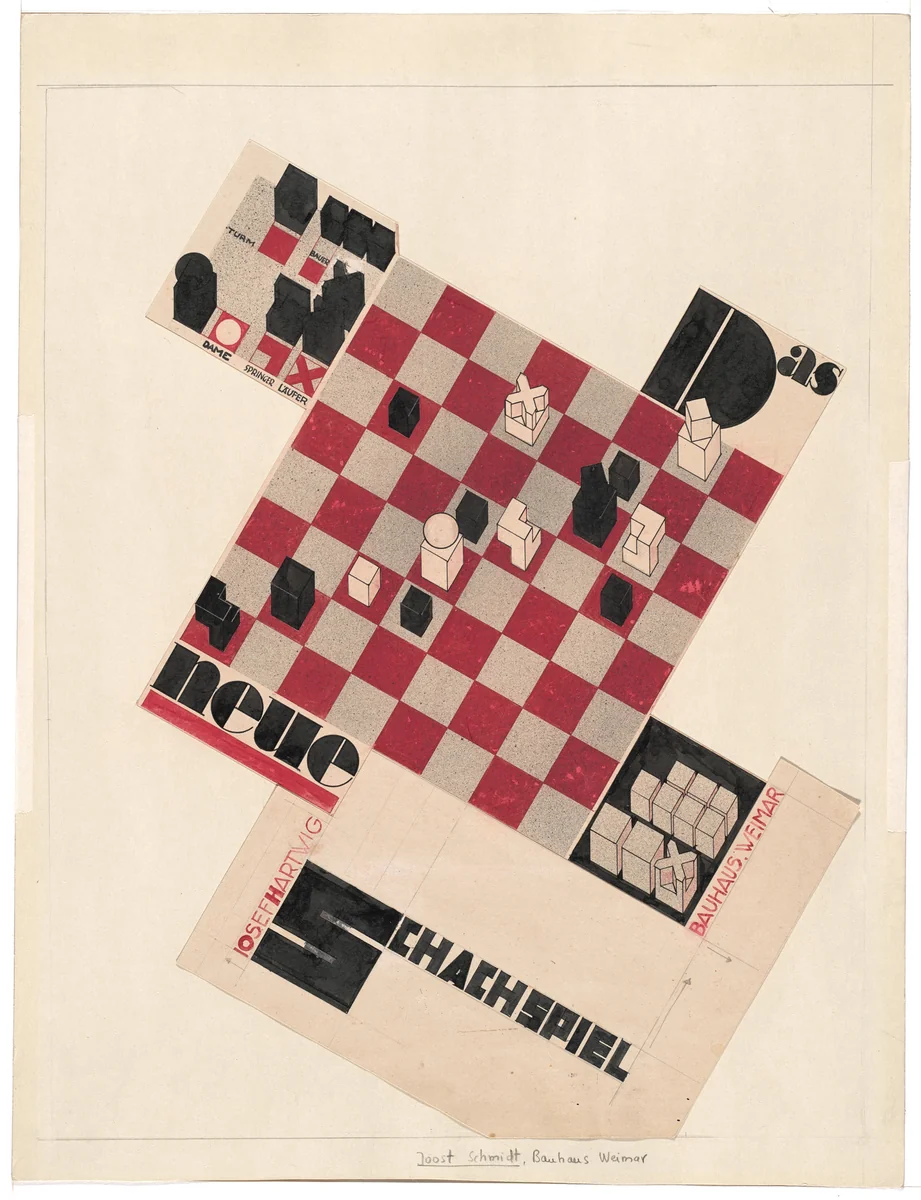 The New Chess Game (Das Neue Schachspiel). Promotional design (unrealized) for chess set by Josef Hartwig by Joost Schmidt, drawing, 1923