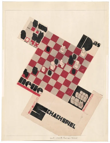 The New Chess Game (Das Neue Schachspiel). Promotional design (unrealized) for chess set by Josef Hartwig by Joost Schmidt, drawing, 1923