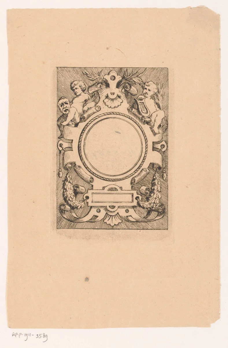 Ornament cartouche met putti by Frans Van Kuyck, print, 1862-1911