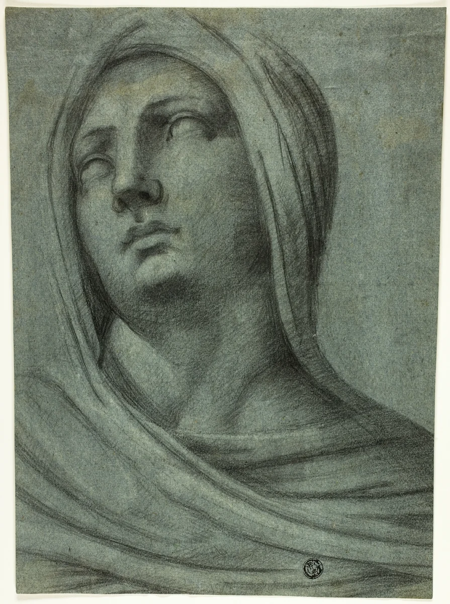 Head and Shoulders of Veiled Woman by Sebastiano del Piombo, drawing, 1695-1705