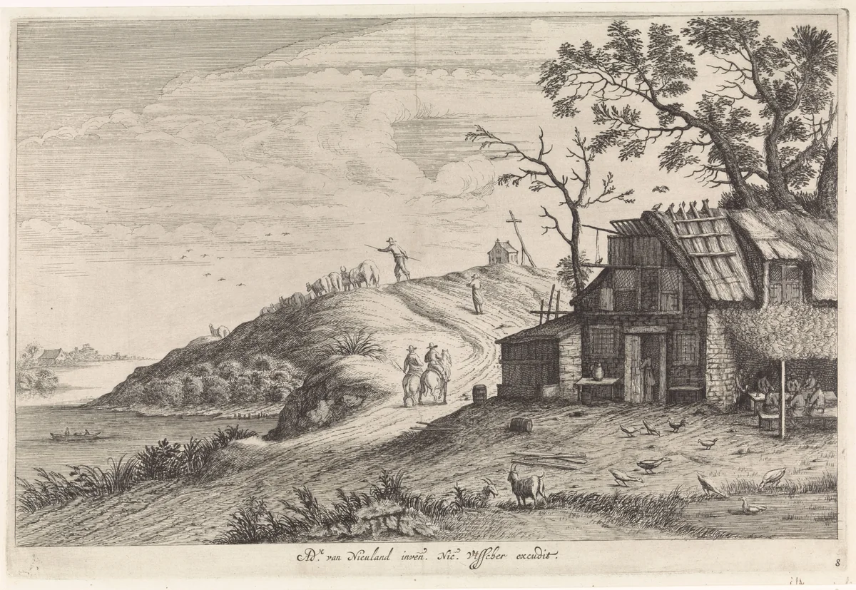 Uitspanning aan een weg by Pieter Nolpe, print, 1623-1653