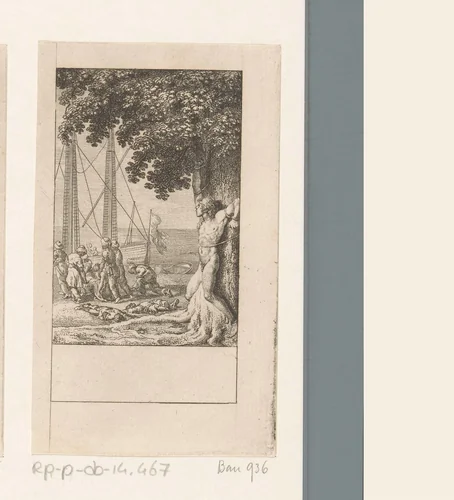 Piraten ontvoeren Claramond en laten Huon de Bordeaux naakt aan een boom gebonden achter by Daniel Nikolaus Chodowiecki, print, 1782