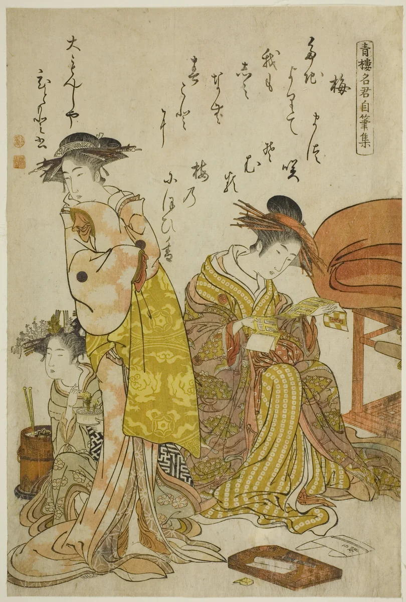The Courtesan Hitomoto of the Daimonjiya, from the album "Comparing New Beauties of the Yoshiwara - A Mirror of Their Own Writings (Keisei shin bijin awase jikihitsu kagami)" by Kitao Masanobu (北尾政演), print, 1784