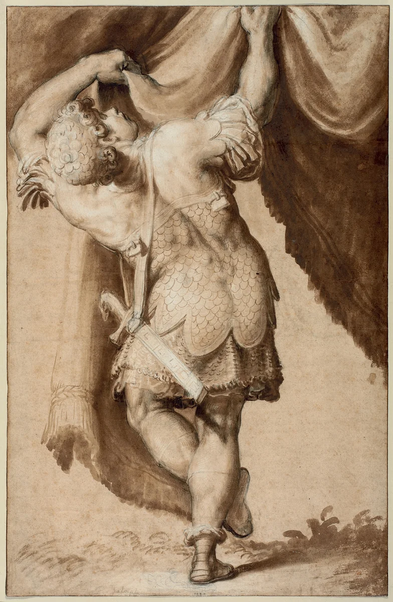 Young Warrior, Seen from Behind, Lifting a Curtain by Francesco Salviati, drawing, 1550-1555
