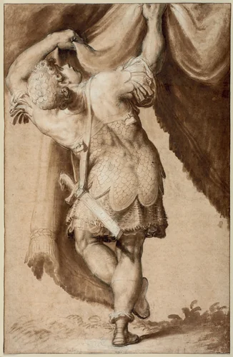 Young Warrior, Seen from Behind, Lifting a Curtain by Francesco Salviati, drawing, 1550-1555