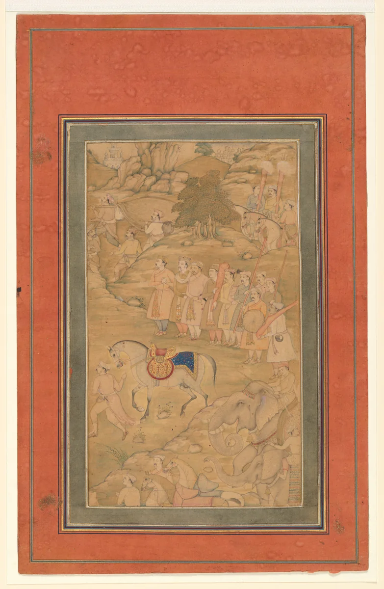 "Courtiers with a Riderless Horse", Folio from a Manuscript of the Akbarnama. Folio from the Davis Album by Abu'l Fazl, manuscript, 1579-1629