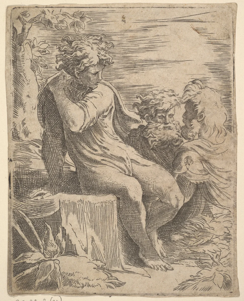 Youth with two old Men by anonymous, print, 1500-1599
