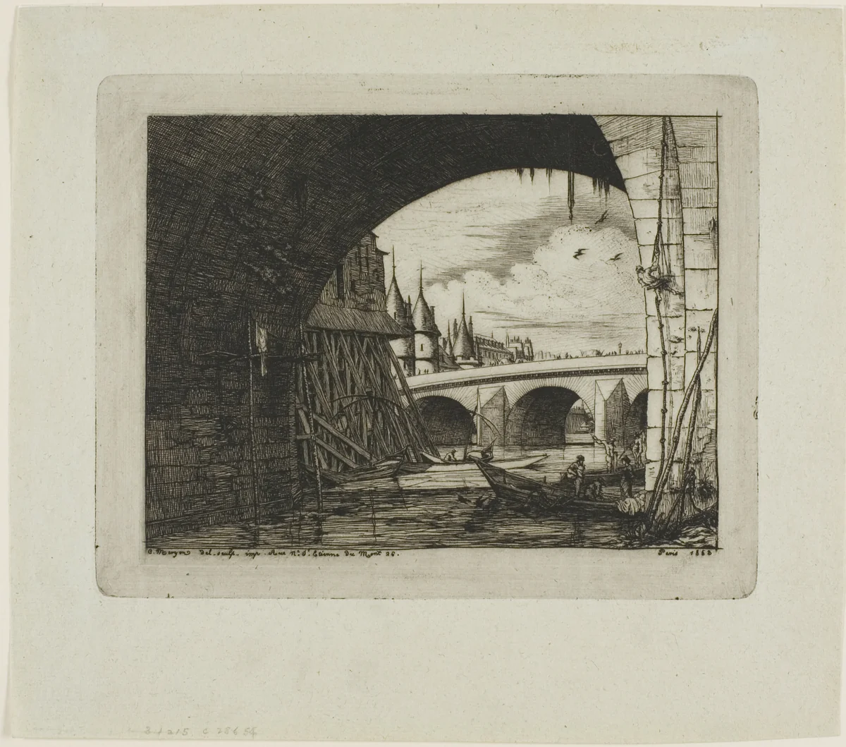 An Arch of Pont Notre-Dame, Paris by Charles Meryon, print, 1853
