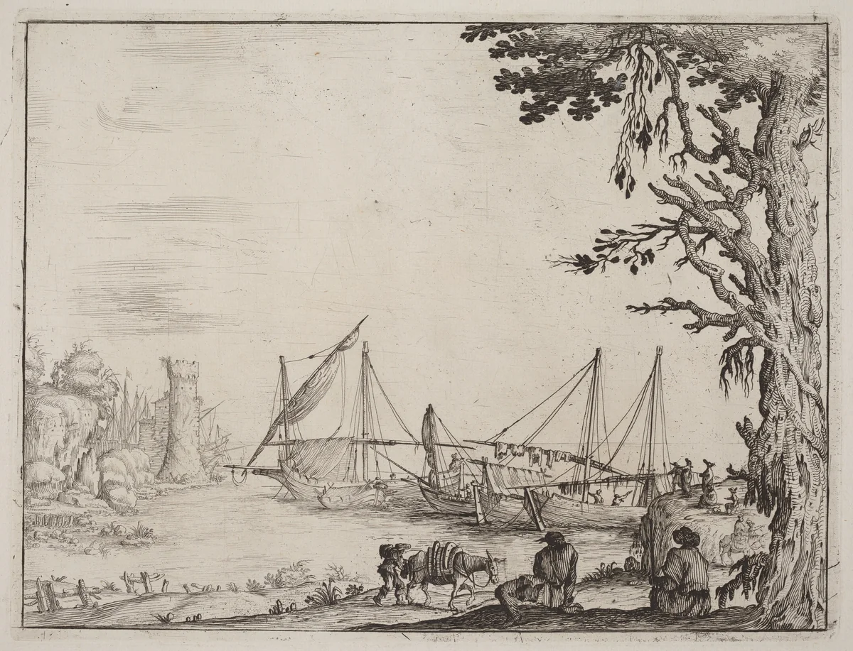 Seaport with Anchored Vessels by Ercole Bazicaluva, print, 1638