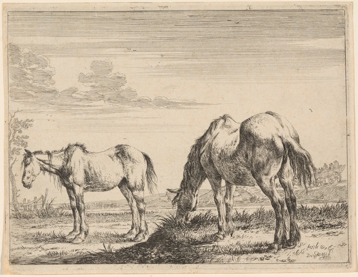 Two Grazing Horses by Dirck Stoop, print, 1618-1676