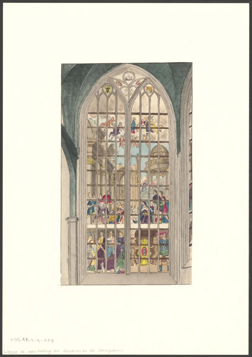 Interieur van de Oude Kerk met raam met de voorstelling van de aanbidding der herders by anonymous, drawing, 1750-1799