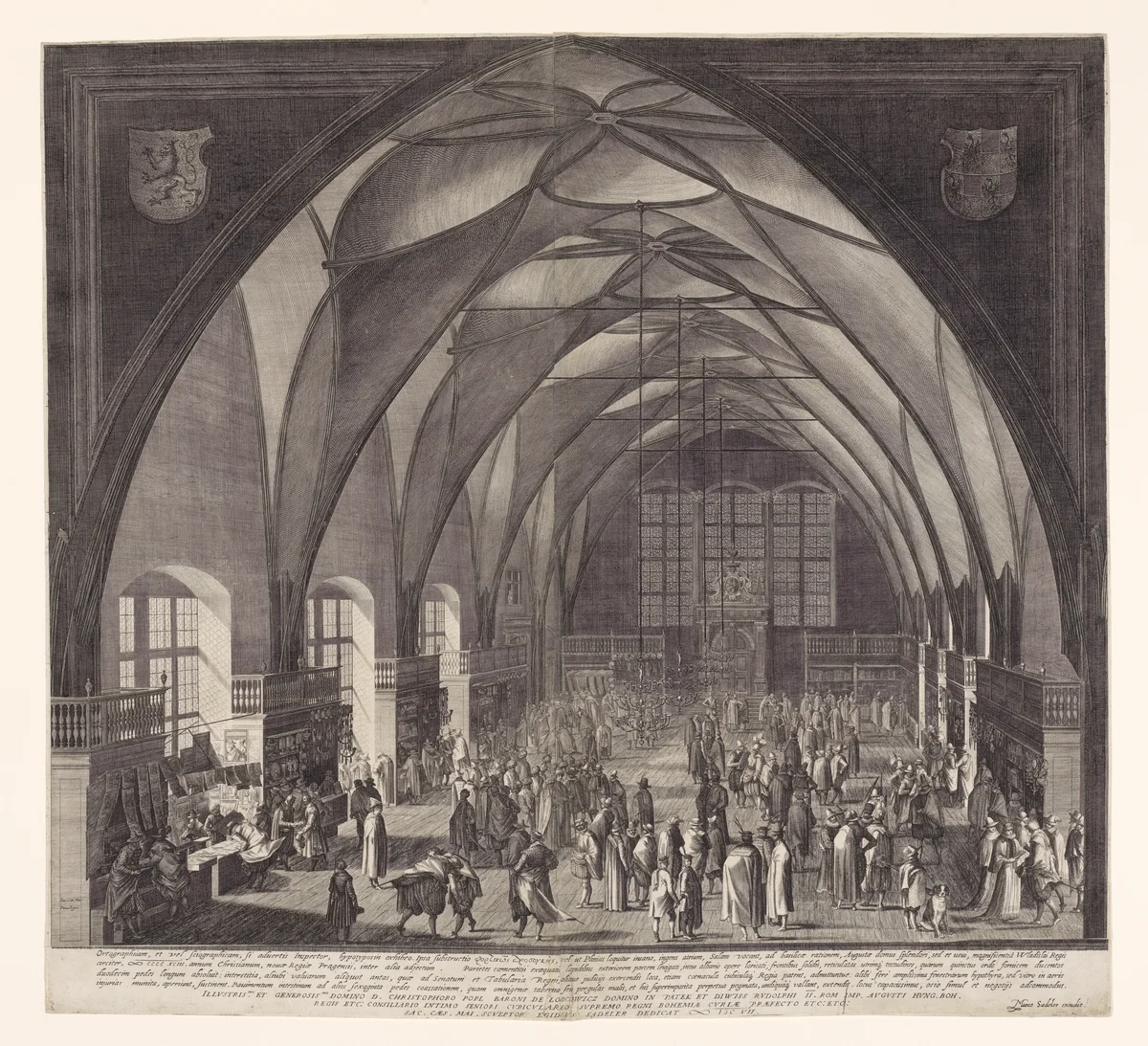 Interior View of Vladislav Hall at Prague Castle during the Annual Fair by Aegidius Sadeler II, print, 1607
