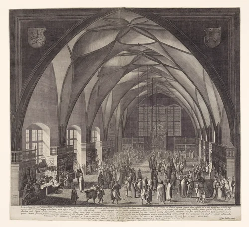 Interior View of Vladislav Hall at Prague Castle during the Annual Fair by Aegidius Sadeler II, print, 1607