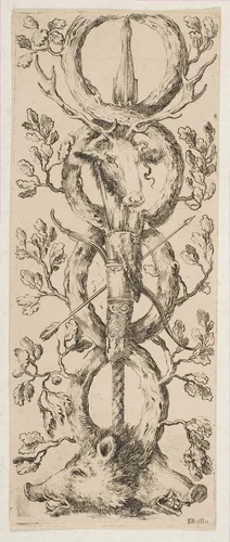 Heads of a Stag and Two Boars in Rinceaux of Oak Branches by Stefano della Bella, print, 1648-1658