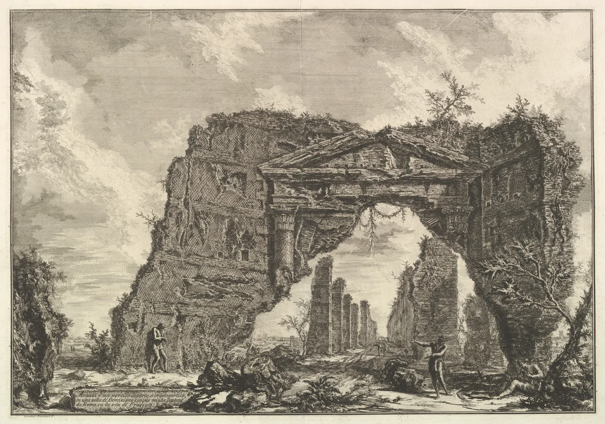 Remains of a covered portico, or a cryptoportiucus, in a villa of Domitian, five miles outside Rome on the Frascati road, from Vedute di Roma (Roman Views) by Giovanni Battista Piranesi, print, 1761-1771