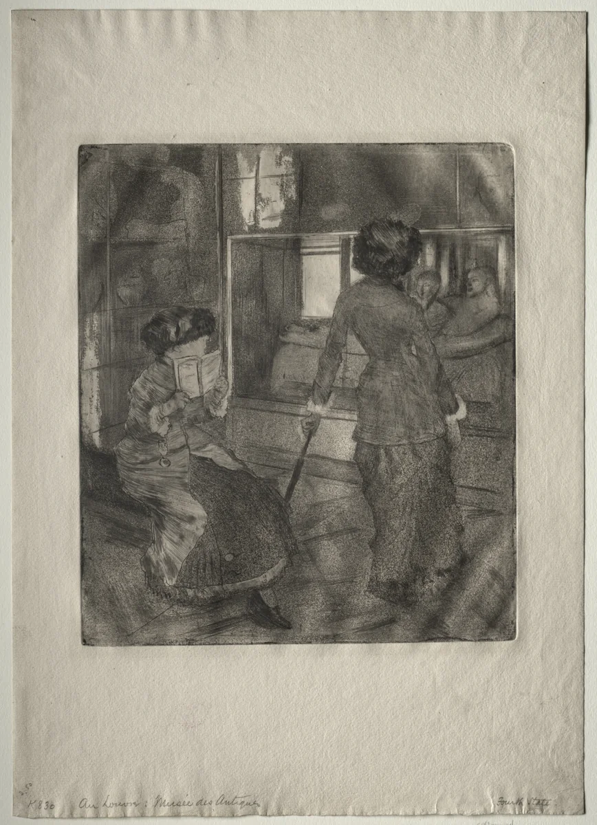 Mary Cassatt at the Louvre: The Etruscan Gallery by Edgar Degas, print, 1879-1880