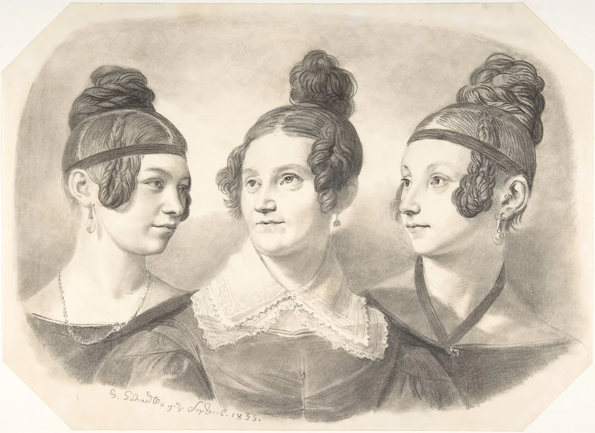 Portrait of Frau von Oppen and Her Two Daughters by Johann Gottfried Schadow, drawing, 1835
