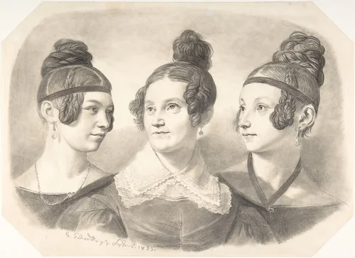 Portrait of Frau von Oppen and Her Two Daughters by Johann Gottfried Schadow, drawing, 1835