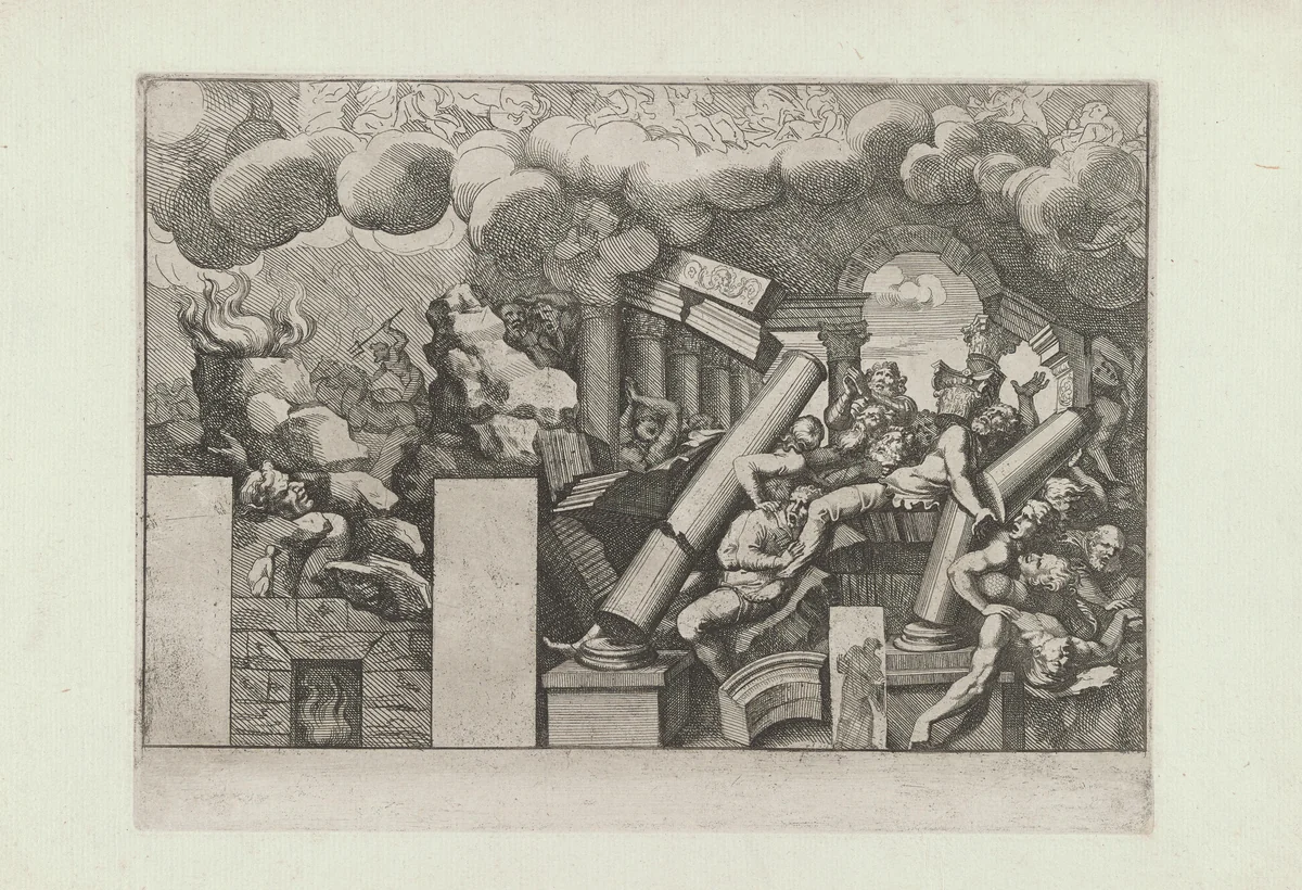 Reuzen worden geplet by Pietro Sante Bartoli, print, 1693-1700