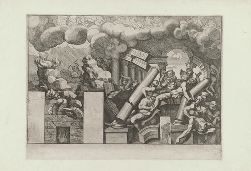 Reuzen worden geplet by Pietro Sante Bartoli, print, 1693-1700